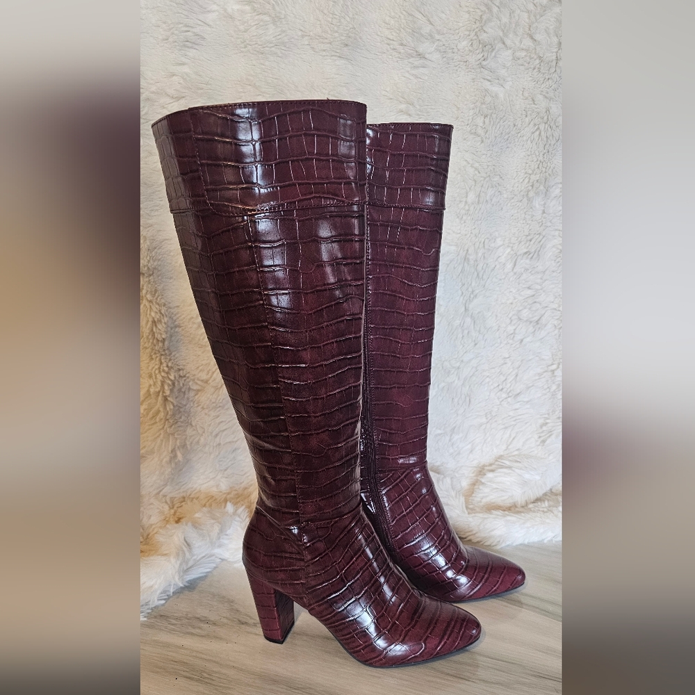 Women's Burgundy Croc-Embossed Knee High Boots - Picture 2 of 10